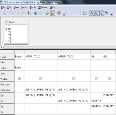 Base Query Designer showing the SubForm query which receives input in-directly from two Text boxes.