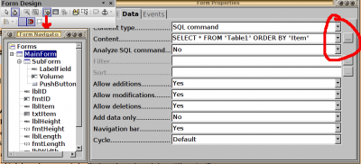Screenshot FormDesign, Navigator, Data-Properties