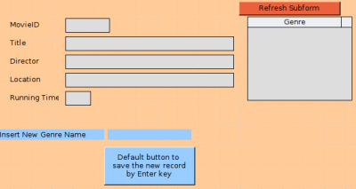 Adding an independent form (blue) to add new genre which appears after reloading the subform (red).