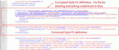 Note that the P1 Style has been corrupted by the addition of several Annotations.  <br />You need to delete ALL occurrences of the Annotations until the P1 Style has been corrected.