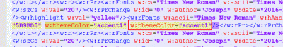 When an attribute like w:themeColour is repeated you should delete the REPEATS and leave just ONE occurrence.