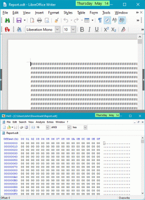 Report.odt opened with LO (above) and with HxD, a binary editor (below).